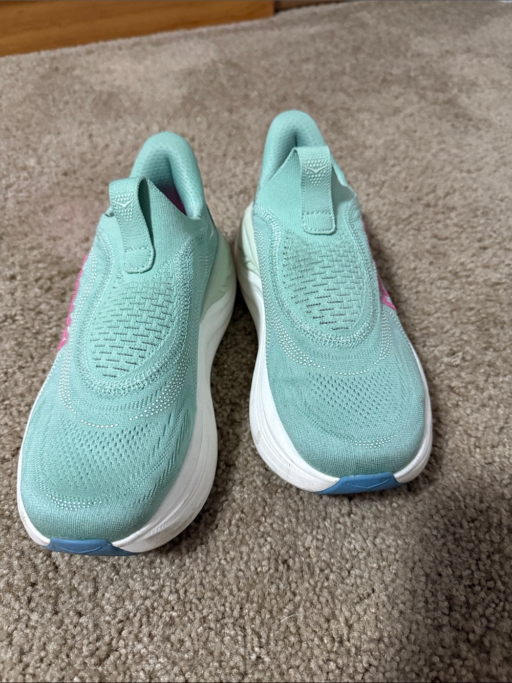 Hoka Mint Green Slip-On Running Shoes with Pink Logo